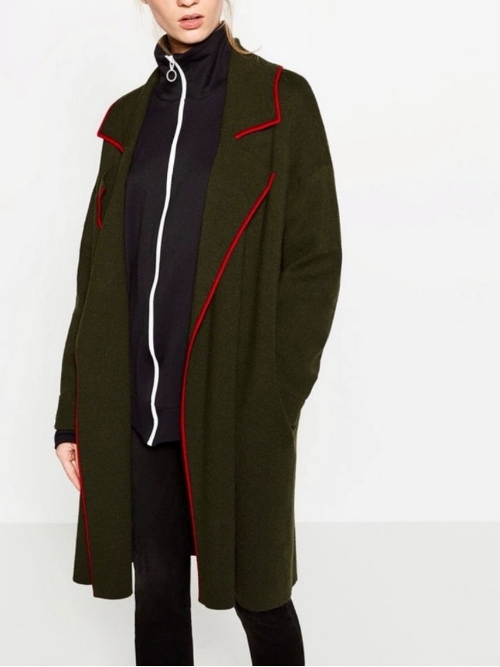 ZARA Olive Green Lapel Duster Cardigan Coat Red Piping Oversized With Pockets L